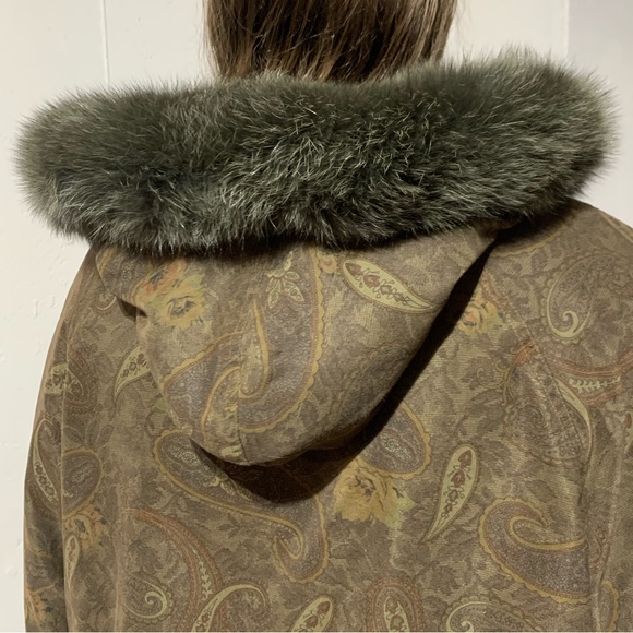 Vintage Paisley Jacket Coat Fur Trimmed Hood Removable Fur Lined Vest Large EUC - Picture 4 of 13
